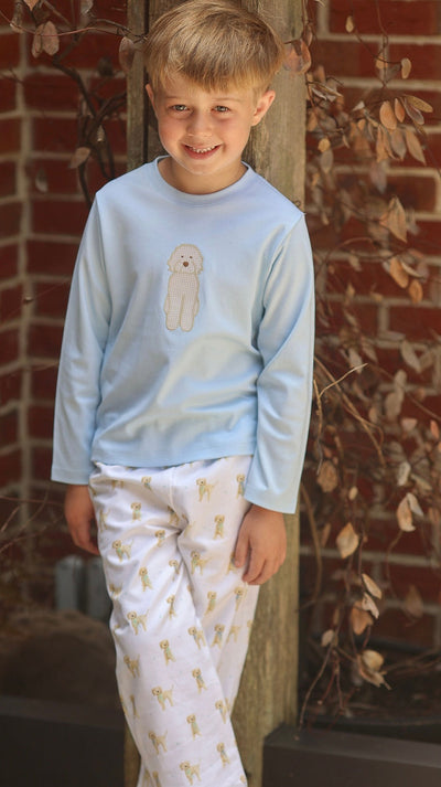 Boy Pima Tee in Blue with Golden Doodle Applique