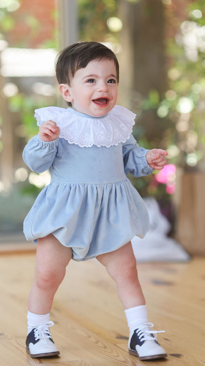 Miles Bubble in Blue Velveteen (#59) with Train Lace (Trim L)