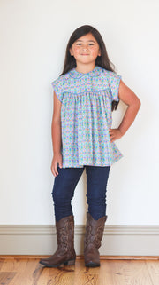 Lucy Top in Iona Flower Liberty (#48) with Cobalt Pique (#30)