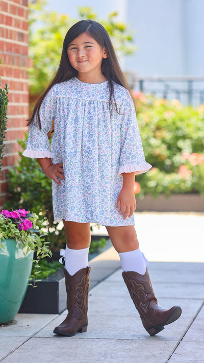 Jasmine Tunic in Pink/Blue Floral (#52) with Pink Poly Cord (#60)