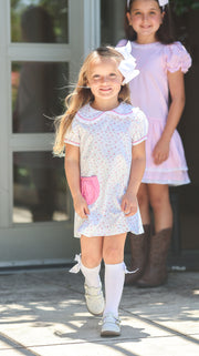 Bobby Apron Dress in Dainty Pink Floral (#53) with Strawberry Broadcloth (#80) and Small White Lace (Trim B)
