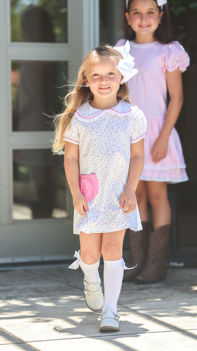 Bobby Apron Dress in Dainty Pink Floral (#53) with Strawberry Broadcloth (#80) and Small White Lace (Trim B)