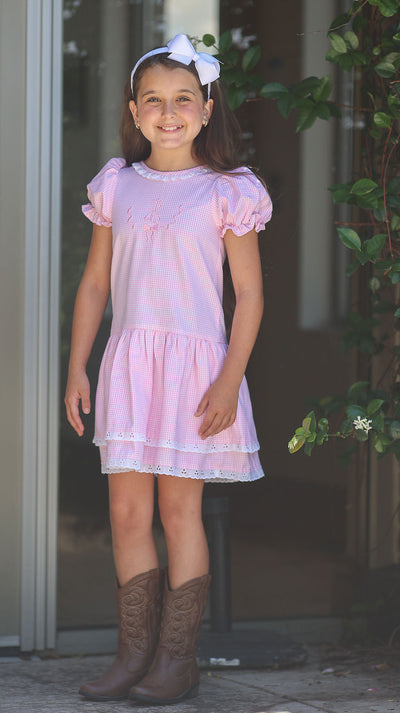 Alma Lee Dress in Pink Check Oxford (#9) with Basic Eyelet (Trim N)