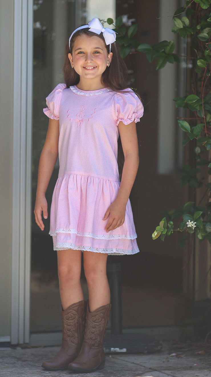 Alma Lee Dress in Pink Check Oxford (#9) with Basic Eyelet (Trim N)