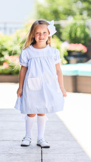 Gabby Dress in Blue Check Oxford (#5) with Pink Pique (#35), Pink Bitty Dot (#66), and Pink Lace (Trim D)