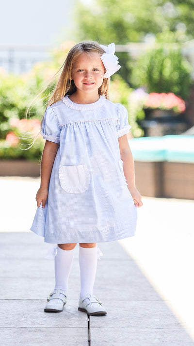 Gabby Dress in Blue Check Oxford (#5) with Pink Pique (#35), Pink Bitty Dot (#66), and Pink Lace (Trim D)