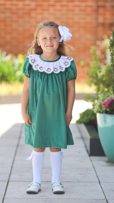 Marie Dress in Green Velvet (#56) with Wreath Lace (Trim K)