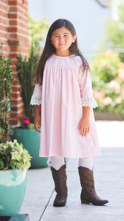 Belle Dress in Pink Velveteen (#58) with Spanish Netting (Trim I)
