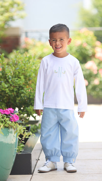Boy Pima Tee in White with Mallard Initial Embroidery