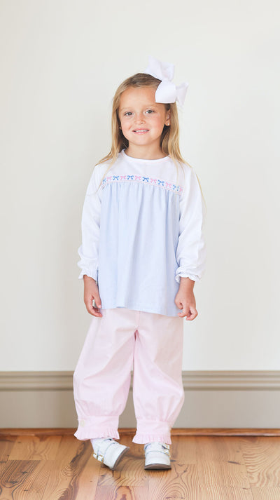 Sadie Ribbon Top in Blue Gingham (#6) with White Pique (#33), Pink Pique (#35) and Bow Ribbon (Trim R16)