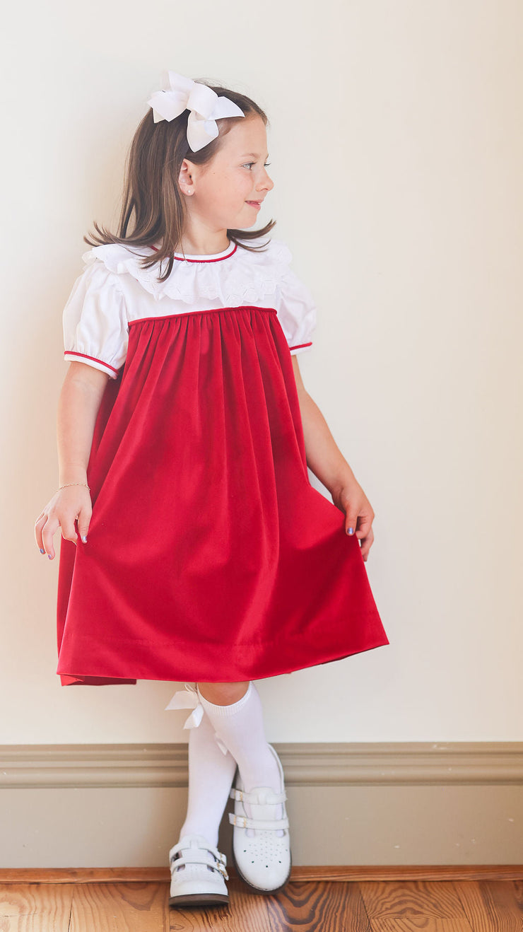 Charlotte Dress in Red Velvet (#47) with White Pique (#33) and Bow Lace (Trim C)