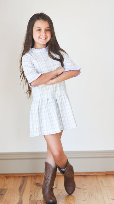 Darcy Dress in Preston Plaid (#17) with Lilac Pique (#29)