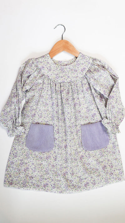 Ruth Float Dress in Gemma Meadow Liberty (#46) with Lilac Poly Cord (#63)