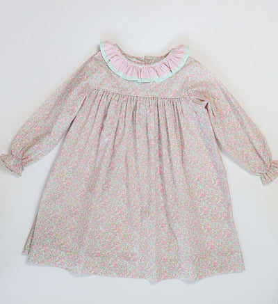 Double Ruffle Samantha Dress in Betsy Ann Liberty (#47) with Mint Pique (#28) and Pink Gingham (#2)