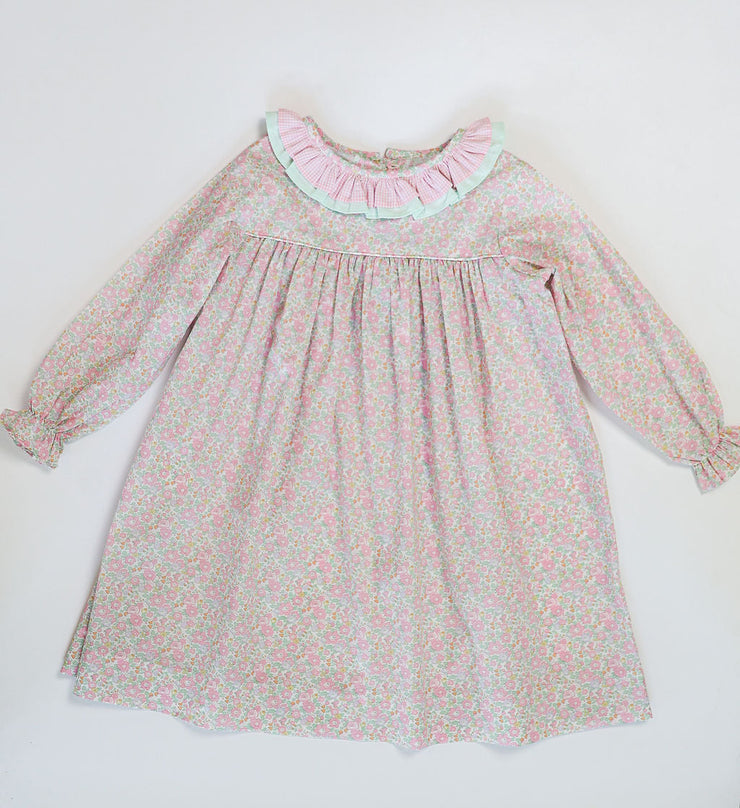 Double Ruffle Samantha Dress in Betsy Ann Liberty (#47) with Mint Pique (#28) and Pink Gingham (#2)