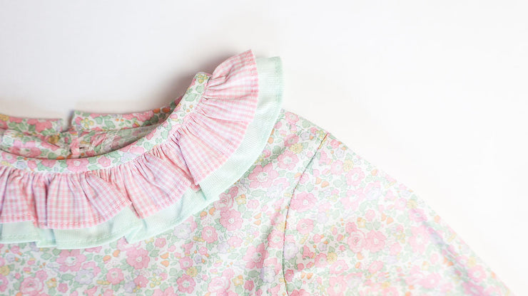 Double Ruffle Samantha Dress in Betsy Ann Liberty (#47) with Mint Pique (#28) and Pink Gingham (#2)