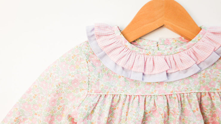 Double Ruffle Samantha Bubble in Betsy Ann Liberty (#47) with Lilac Pique (#29) and Pink Gingham (#2)