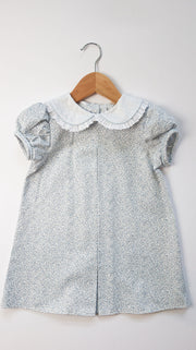 Maggie Dress in Blue Floral (#49) with White Swiss Dot (#64), Blue Poly Cord (#61) and White Lace (Trim A)