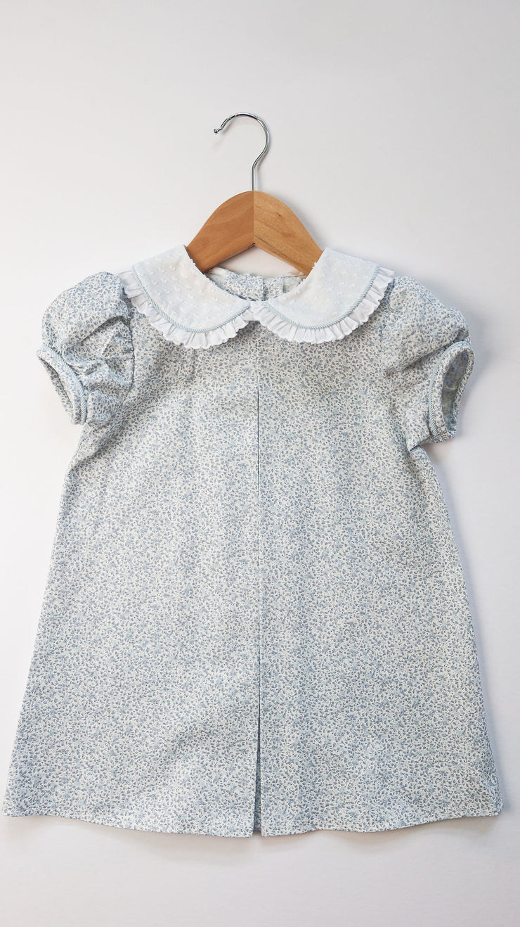 Maggie Dress in Blue Floral (#49) with White Swiss Dot (#64), Blue Poly Cord (#61) and White Lace (Trim A)