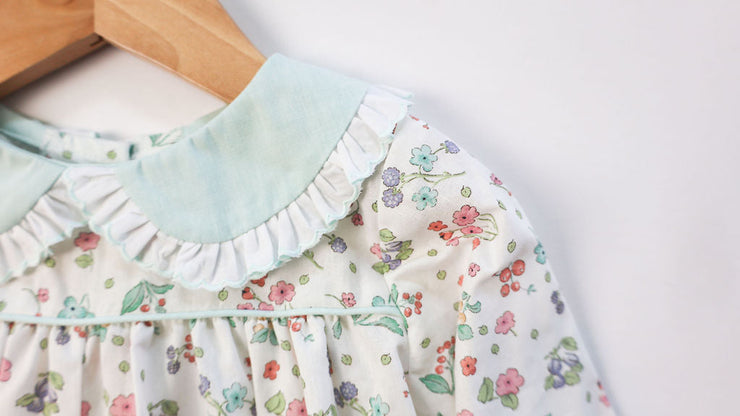 Hattie Bubble in Aqua Floral (#51) with Aqua Chambray (#32) and Aqua Lace (Trim F)