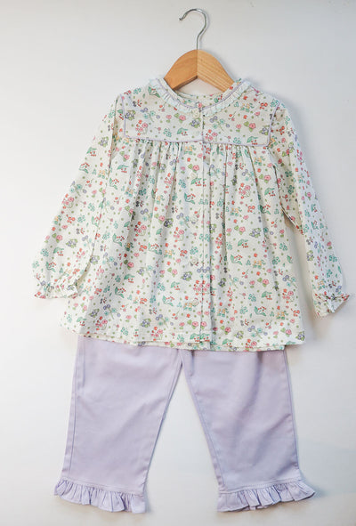 Gloria Top in Aqua Floral (#51) with Lilac Pique (#29) and Aqua Lace (Trim F)