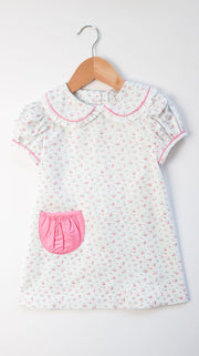 Bobby Apron Dress in Dainty Pink Floral (#53) with Strawberry Broadcloth (#80) and Small White Lace (Trim B)