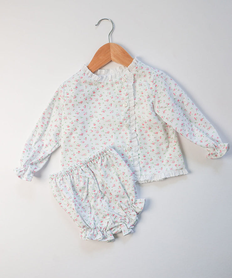 Girl Diaper Top in Dainty Pink Floral (#53) with Small White Lace (Trim B), Lined