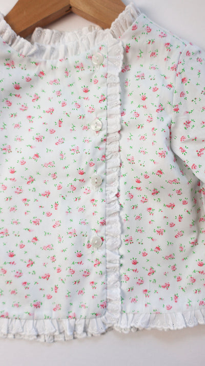 Girl Diaper Top in Dainty Pink Floral (#53) with Small White Lace (Trim B), Lined