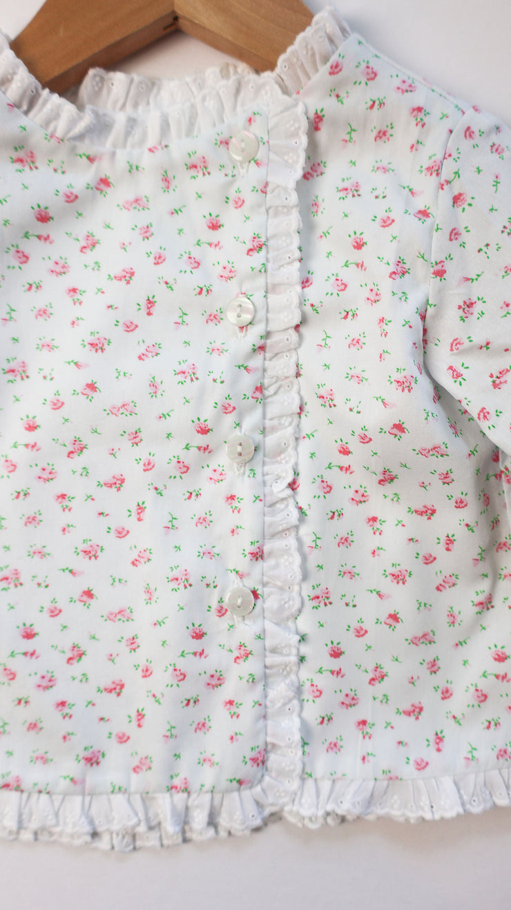 Girl Diaper Top in Dainty Pink Floral (#53) with Small White Lace (Trim B), Lined