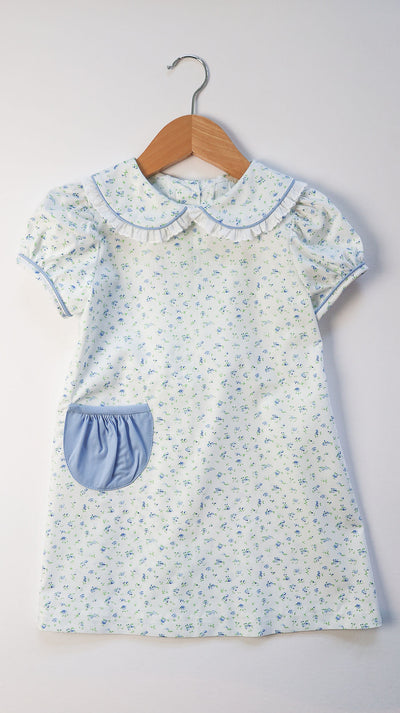Bobby Apron Dress in Dainty Blue Floral (#54) with Medium Blue Twill (#34) and Small White Lace (Trim B)