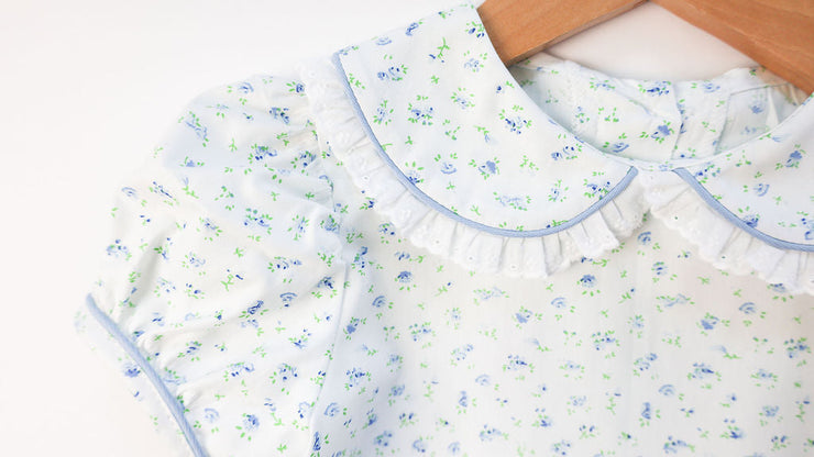 Bobby Apron Dress in Dainty Blue Floral (#54) with Medium Blue Twill (#34) and Small White Lace (Trim B)