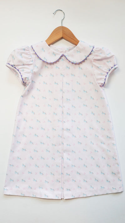 Maggie Dress in Unicorns (#74) with Lilac Ric Rac (Trim Q)