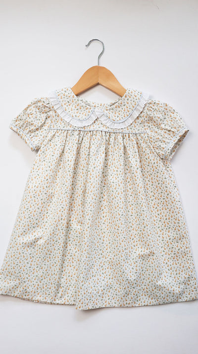 Sally Dress in Ducklings (#75) with Blue Superfine Twill (#38) and Small White Lace (Trim B)