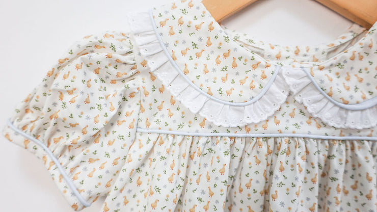 Sally Dress in Ducklings (#75) with Blue Superfine Twill (#38) and Small White Lace (Trim B)