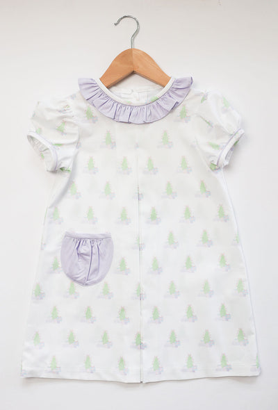 Zoe Dress in Girl Christmas Tree (#78) with Lilac Pique (#29)