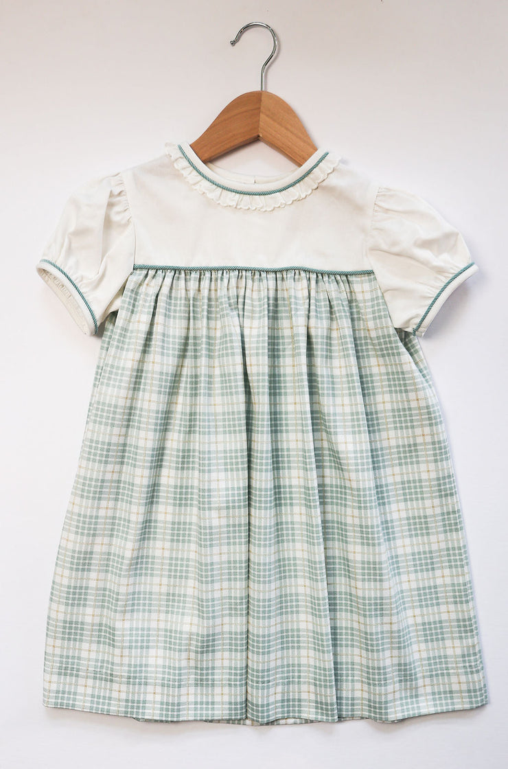 Charlotte Dress in Green Plaid (#19) with Ivory Pique (#40), Green Poly Cord (#62) and Ivory Lace (Trim H)