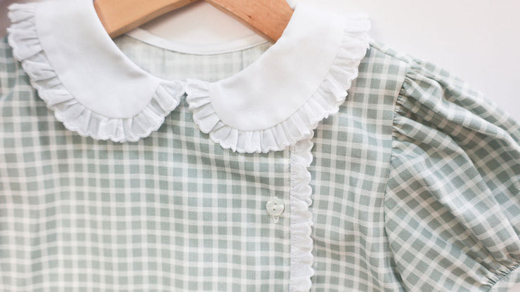Aubrey Dress in Green Windowpane (#21) with White Pique (#33) and White Lace (Trim A)