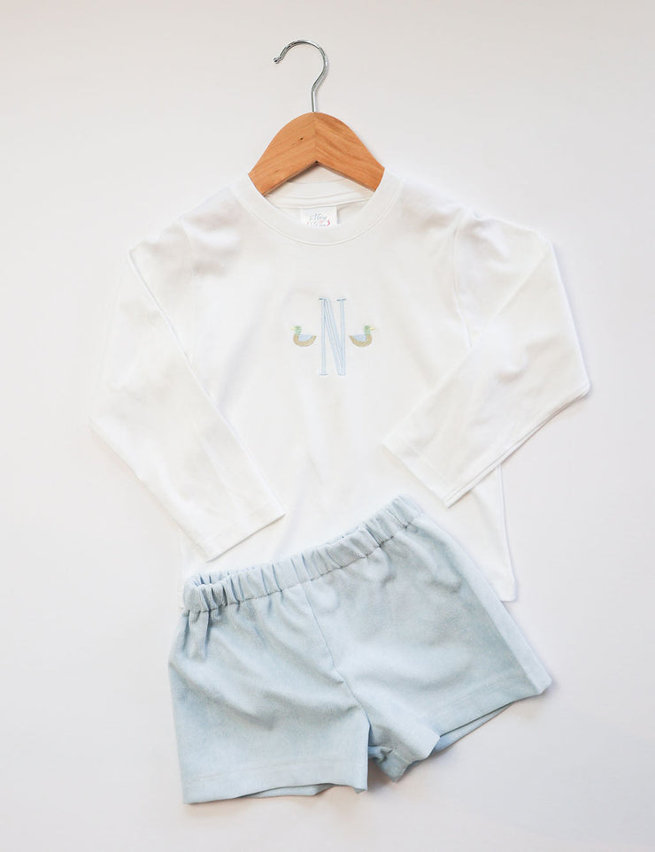 Boy Pima Tee in White with Mallard Initial Embroidery