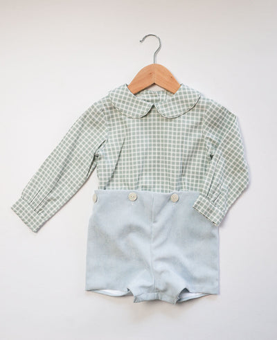 Connor Button On in Blue Poly Cord (#61) and Green Windowpane (#21)