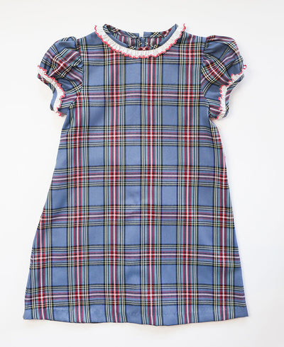 Jones Dress in Navy Tartan (#22) with Red Lace (Trim G)