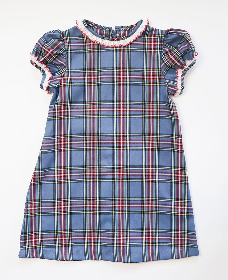 Jones Dress in Navy Tartan (#22) with Red Lace (Trim G)