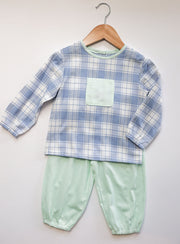 Tucker Pocket Top in Blue/White Plaid (#25) with Mint Pique (#28)