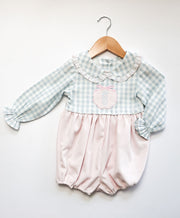 Eloise Bubble in Blue/White Check (#26) with Pink Poly Cord (#60) and Pink Lace (Trim D)