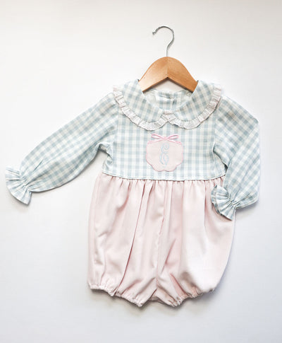Eloise Bubble in Blue/White Check (#26) with Pink Poly Cord (#60) and Pink Lace (Trim D)