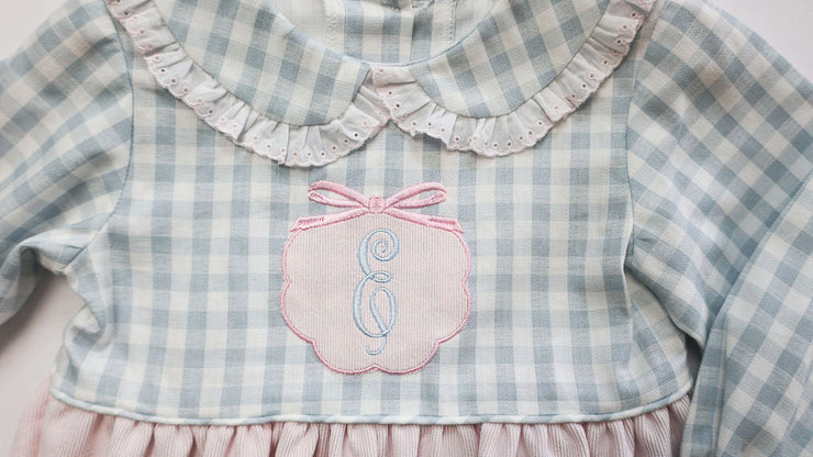 Eloise Bubble in Blue/White Check (#26) with Pink Poly Cord (#60) and Pink Lace (Trim D)