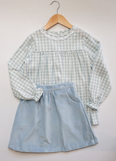 Brigitte Top in Blue/White Check (#26) with White Lace (Trim A)
