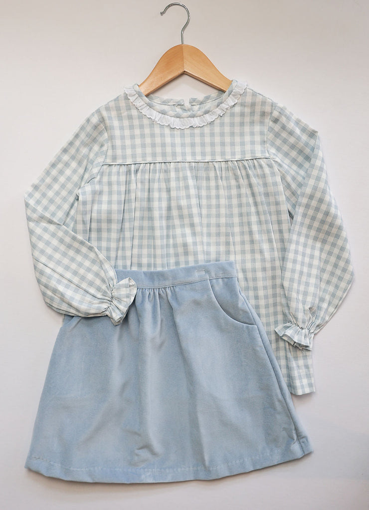 Brigitte Top in Blue/White Check (#26) with White Lace (Trim A)