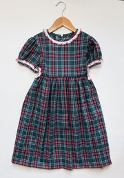 Mae Dress in Green Tartan (#23) with Red Lace (Trim G)
