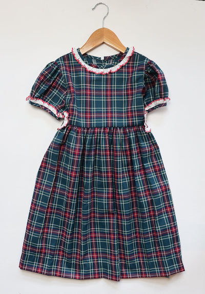Mae Dress in Green Tartan (#23) with Red Lace (Trim G)