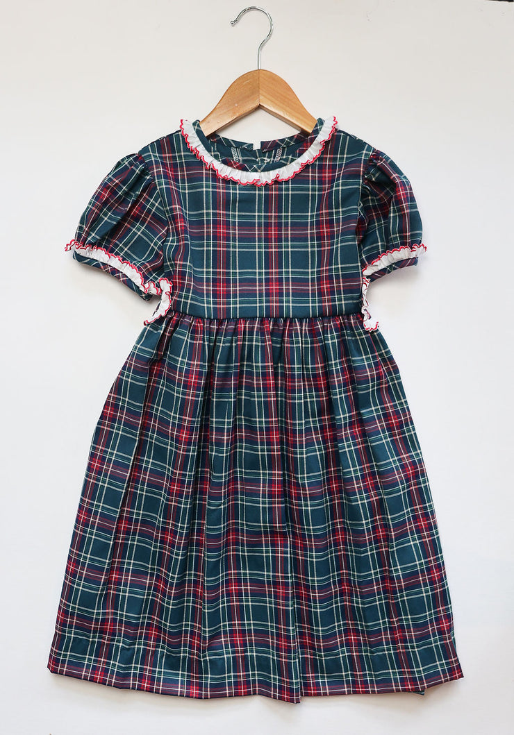 Mae Dress in Green Tartan (#23) with Red Lace (Trim G)